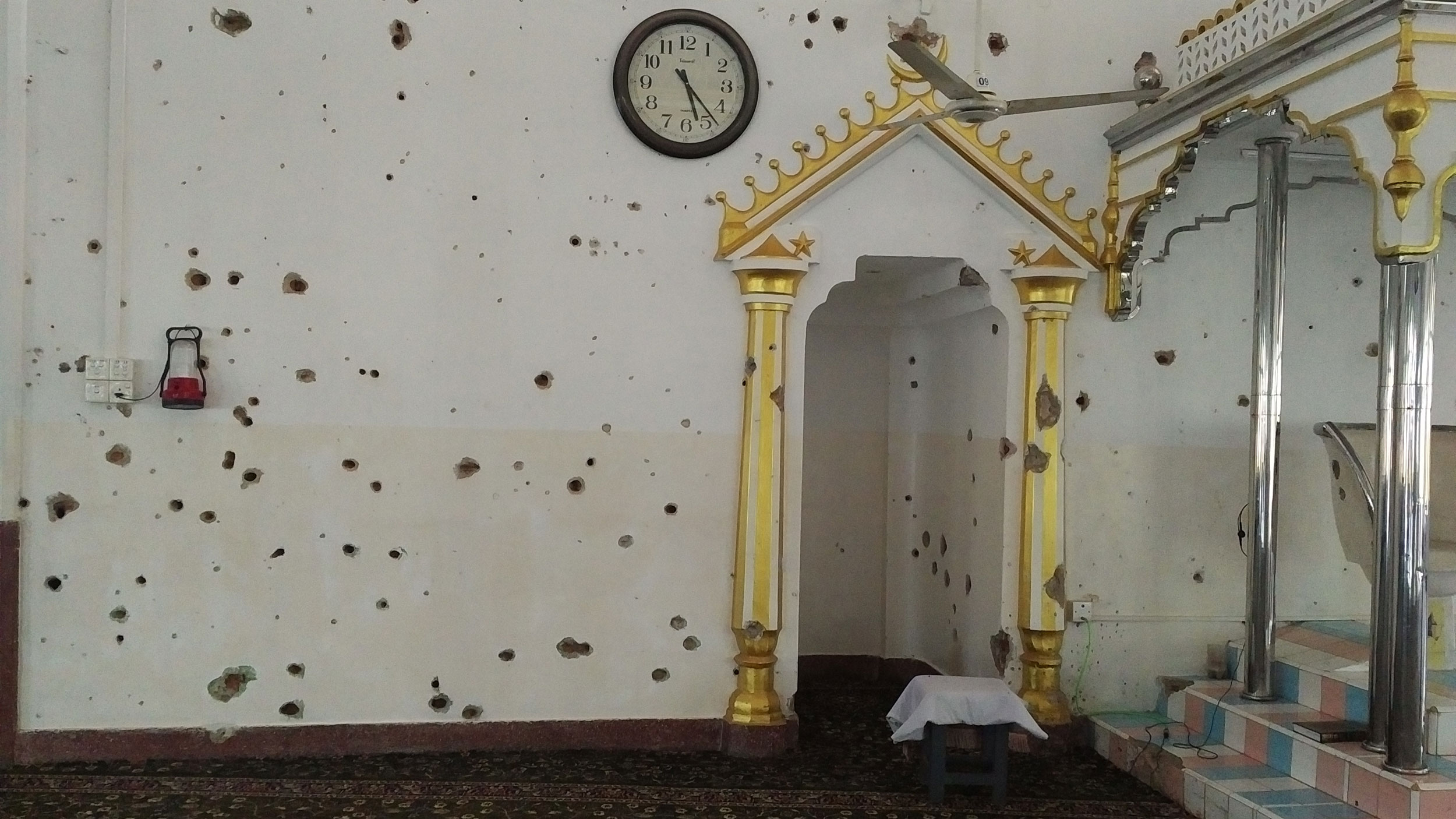 Bullet holes in the prayer hall of the Kattankudy Mosque